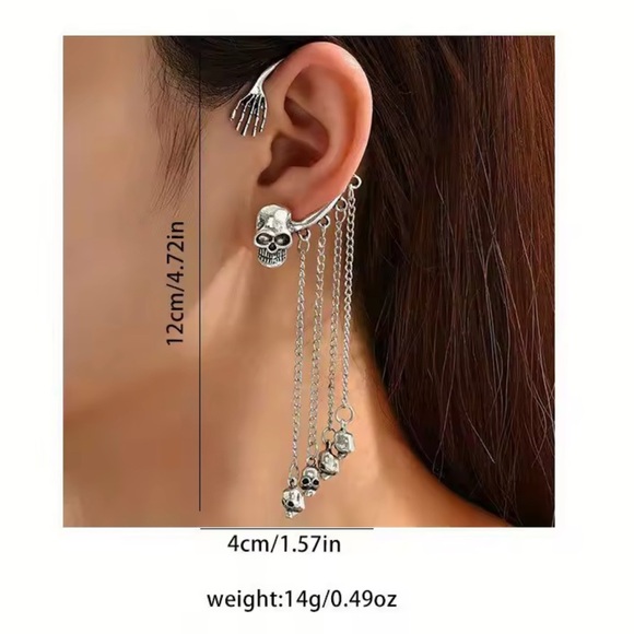 Halloween gothic Silver Skull Chain Ear Cuff - Picture 4 of 5